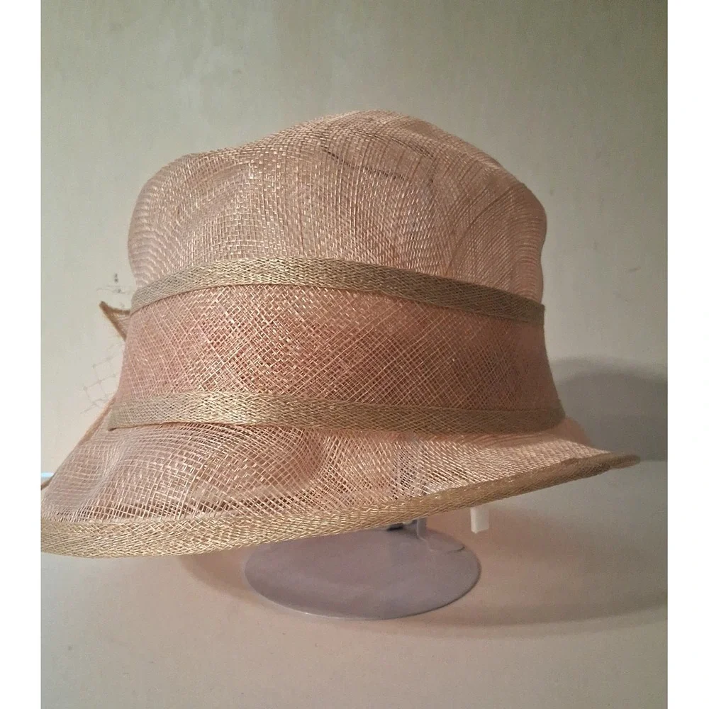 Women's Sinamay Cloche Pink Derby, Church, Wedding Hat Bow Netting Feathers